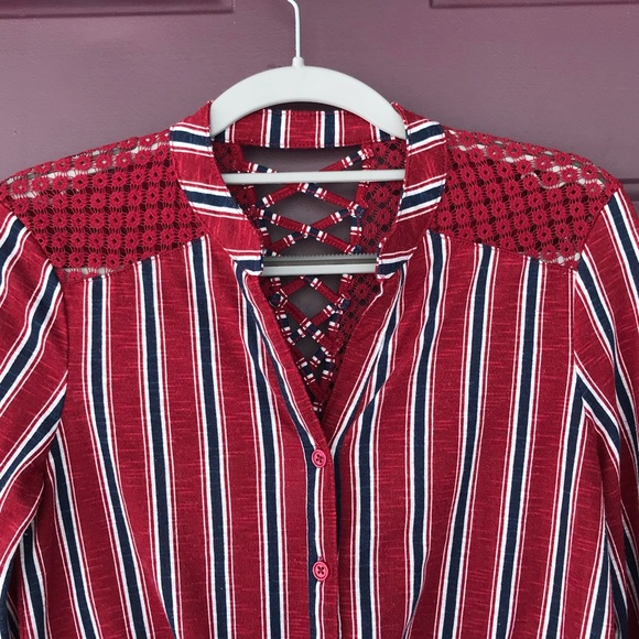 Red & Navy Striped Button Down Tie Front Too XS - Picture 4 of 16